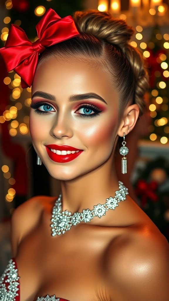 A dancer with festive Christmas makeup, including sparkly eyeshadow and red lipstick, set against a holiday backdrop.